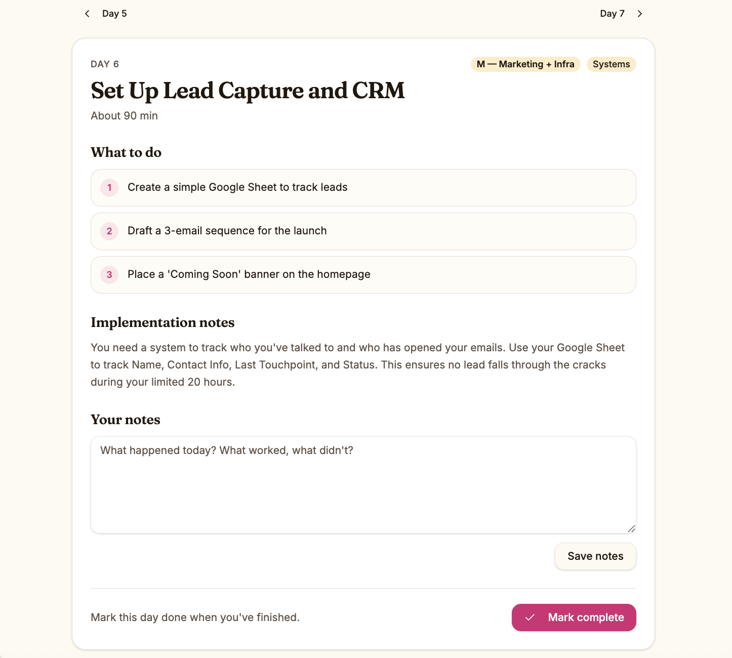 Example of a daily task with steps and implementation notes